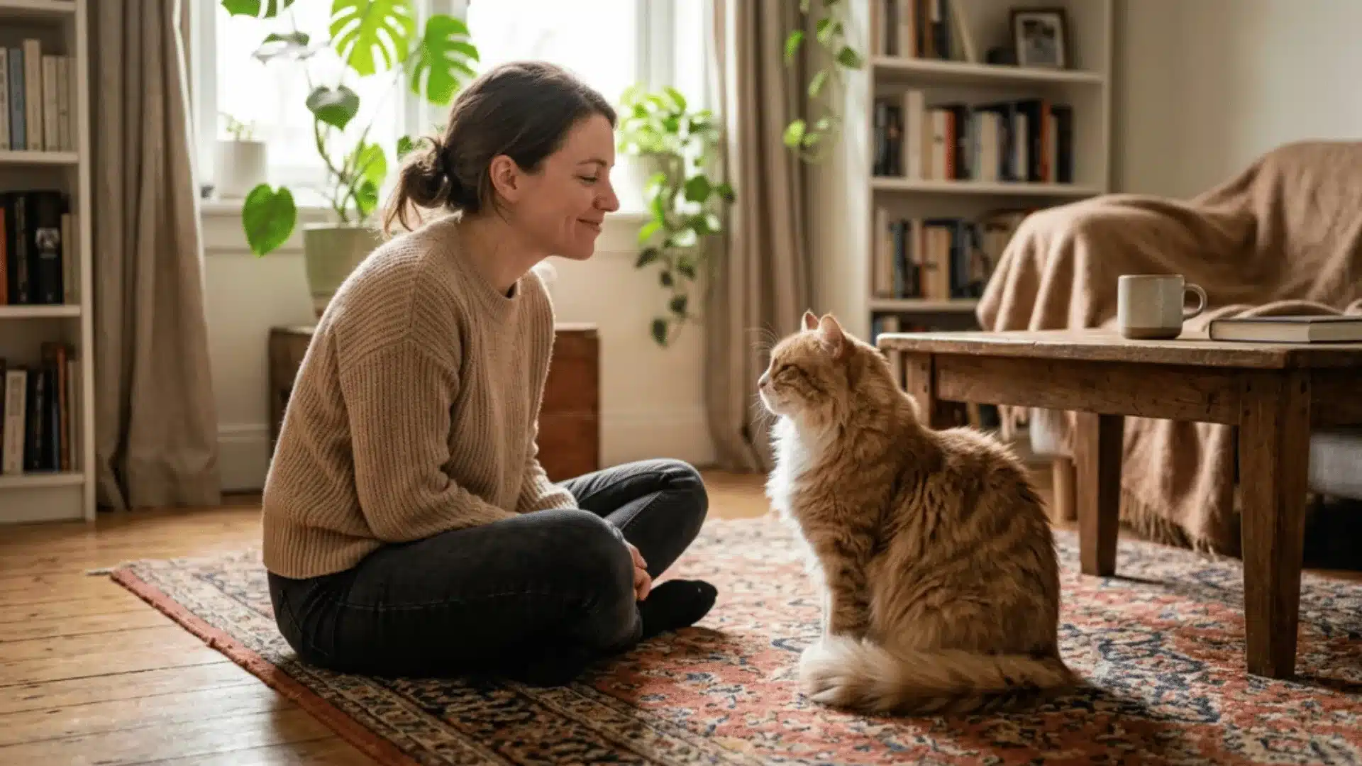 Woman slow blinking at an orange cat in a cozy living room