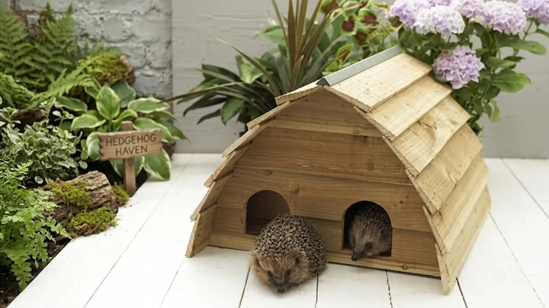 Wooden hedgehog house shelter with two hedgehogs surrounded by garden plants and flowers outdoors