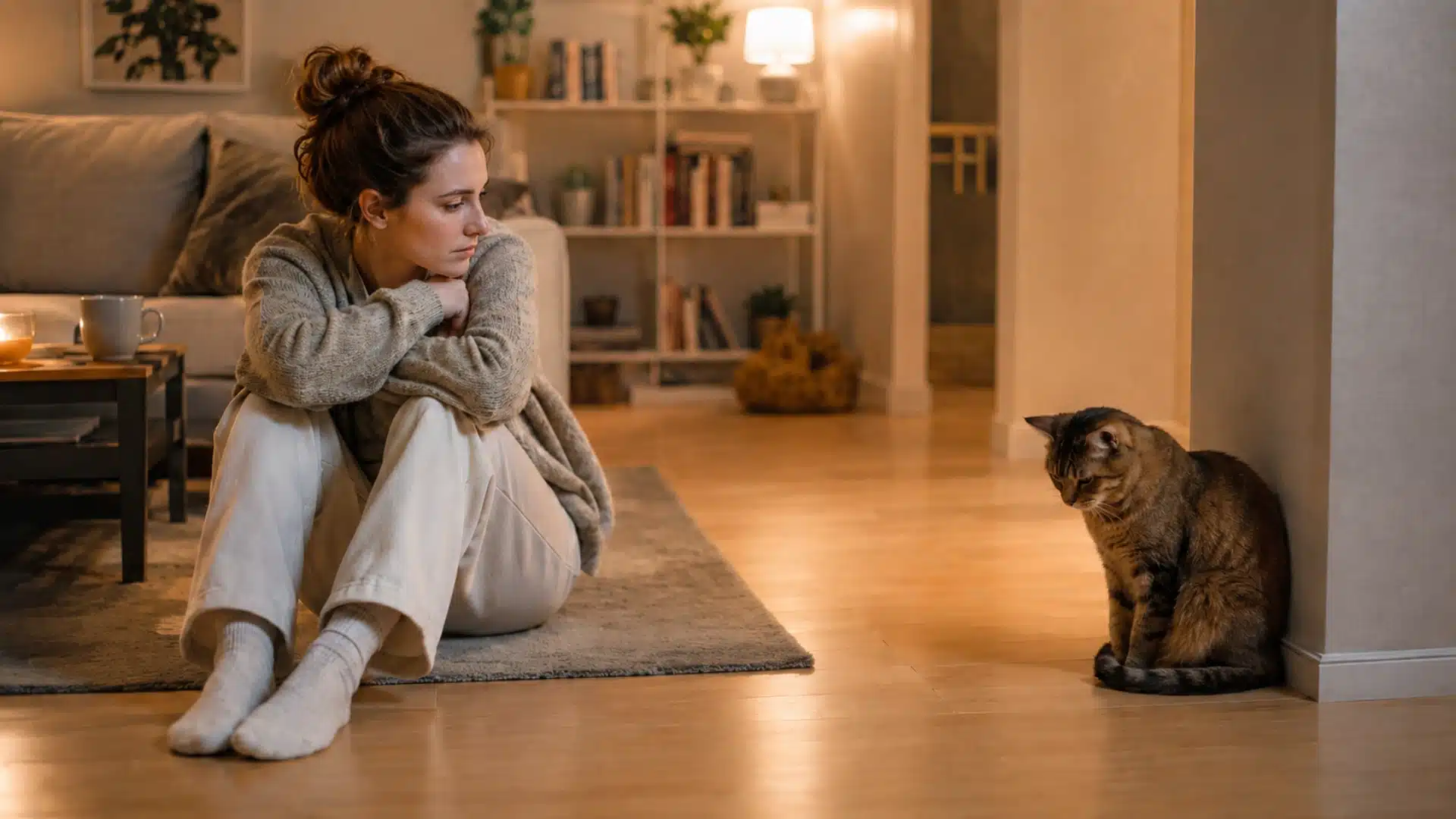 Worried owner watching quiet cat