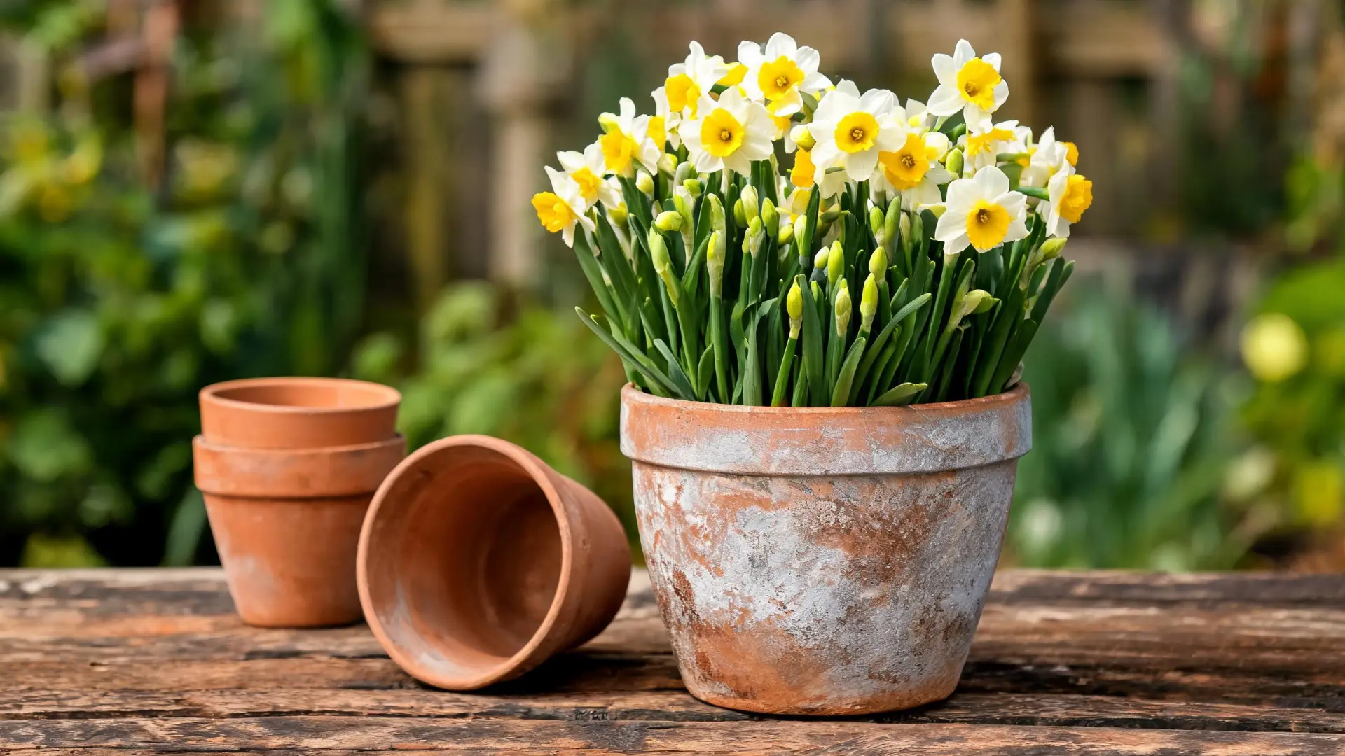 Yellow and white daffodils blooming in a terracotta pot on a garden table
