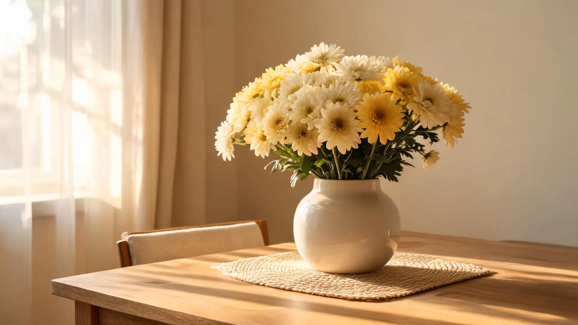 Yellow chrysanthemums in a white vase on a sunlit wooden table by a window