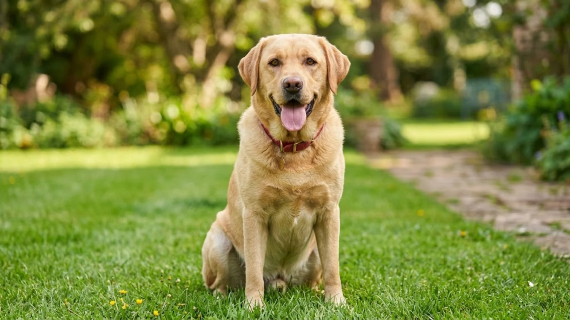 Yellow Labrador sitting on green grass in a sunny garden