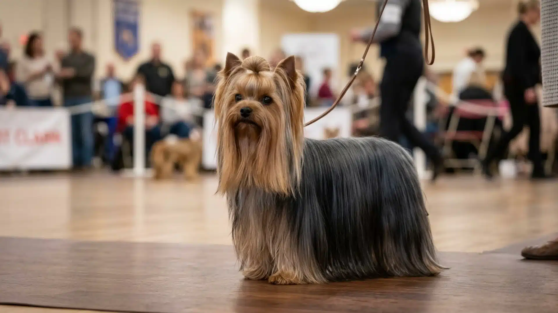 Yorkie with a full show cut at a dog show event