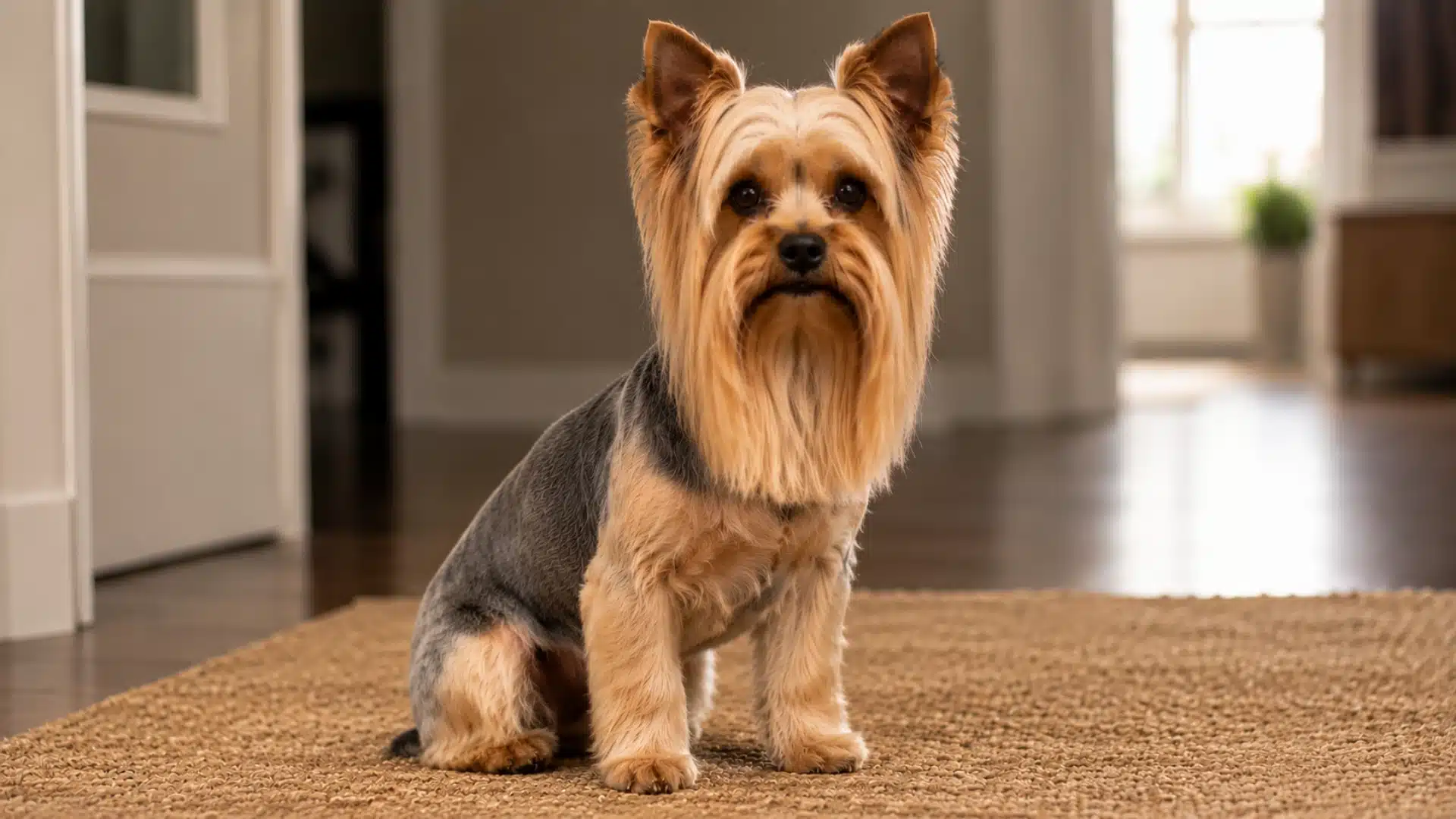 Yorkie with a lion cut sitting on an indoor rug
