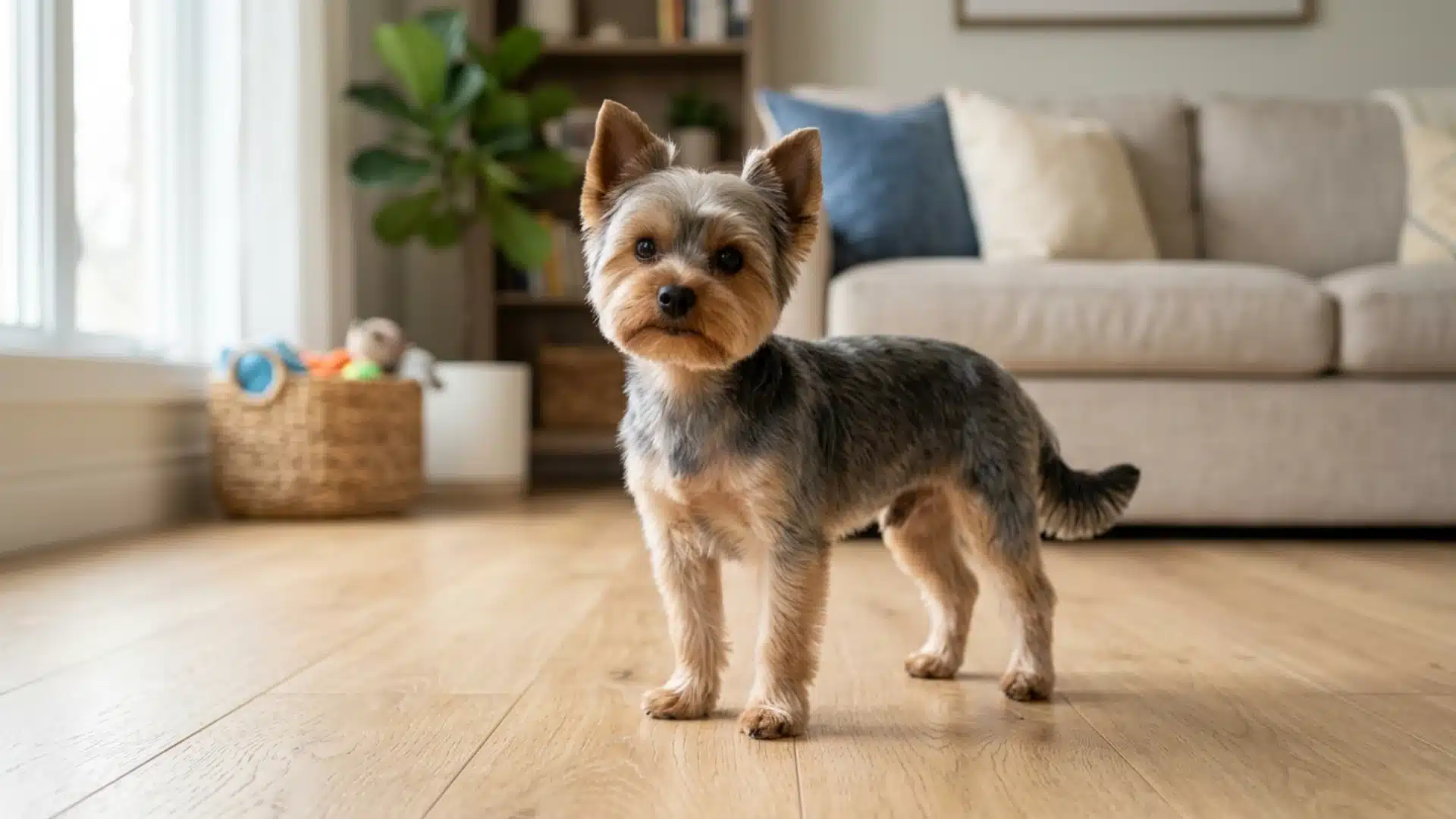 Yorkie with a puppy cut standing in a living room
