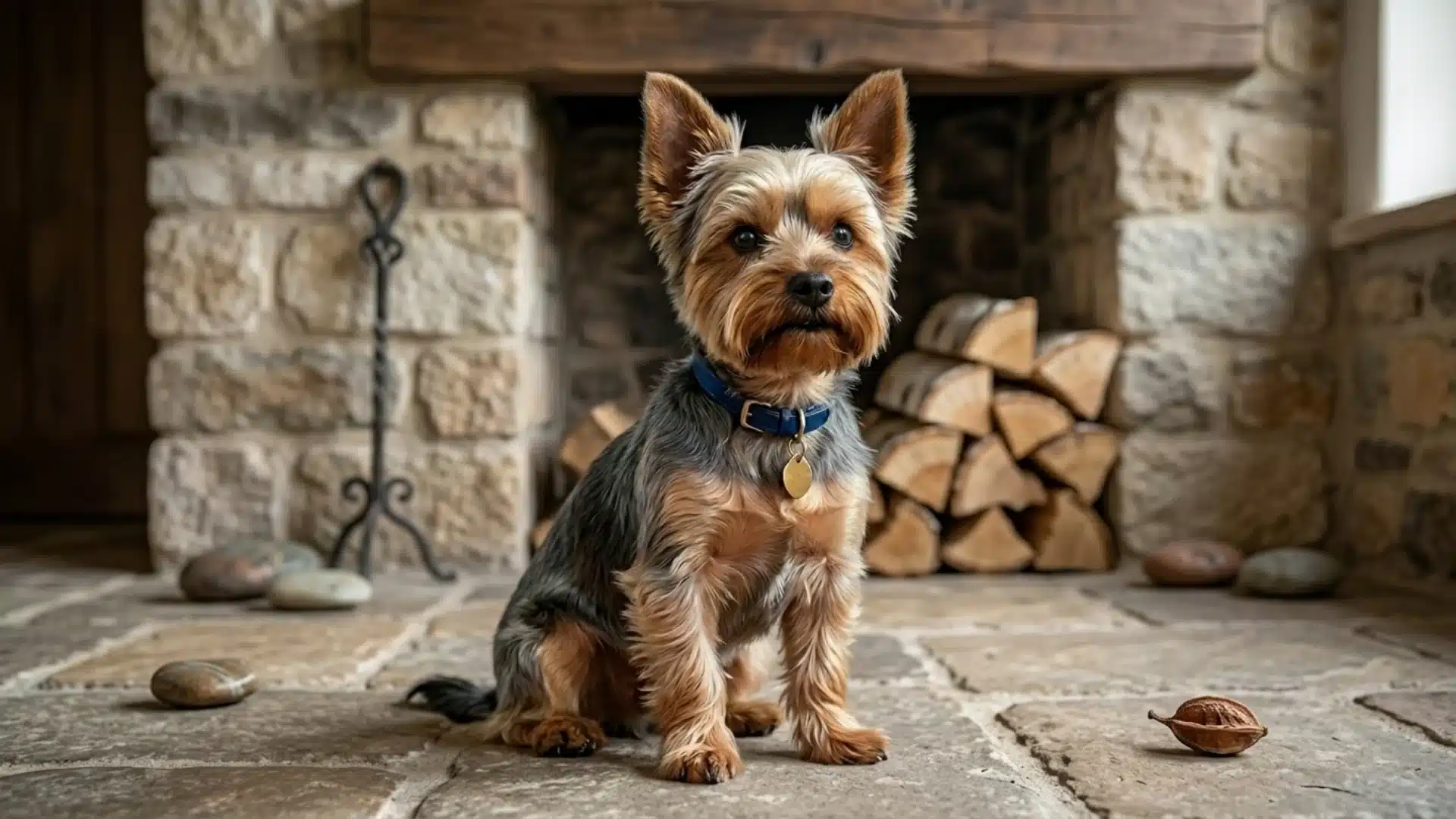 Yorkie with a Schnauzer-style cut by a stone fireplace