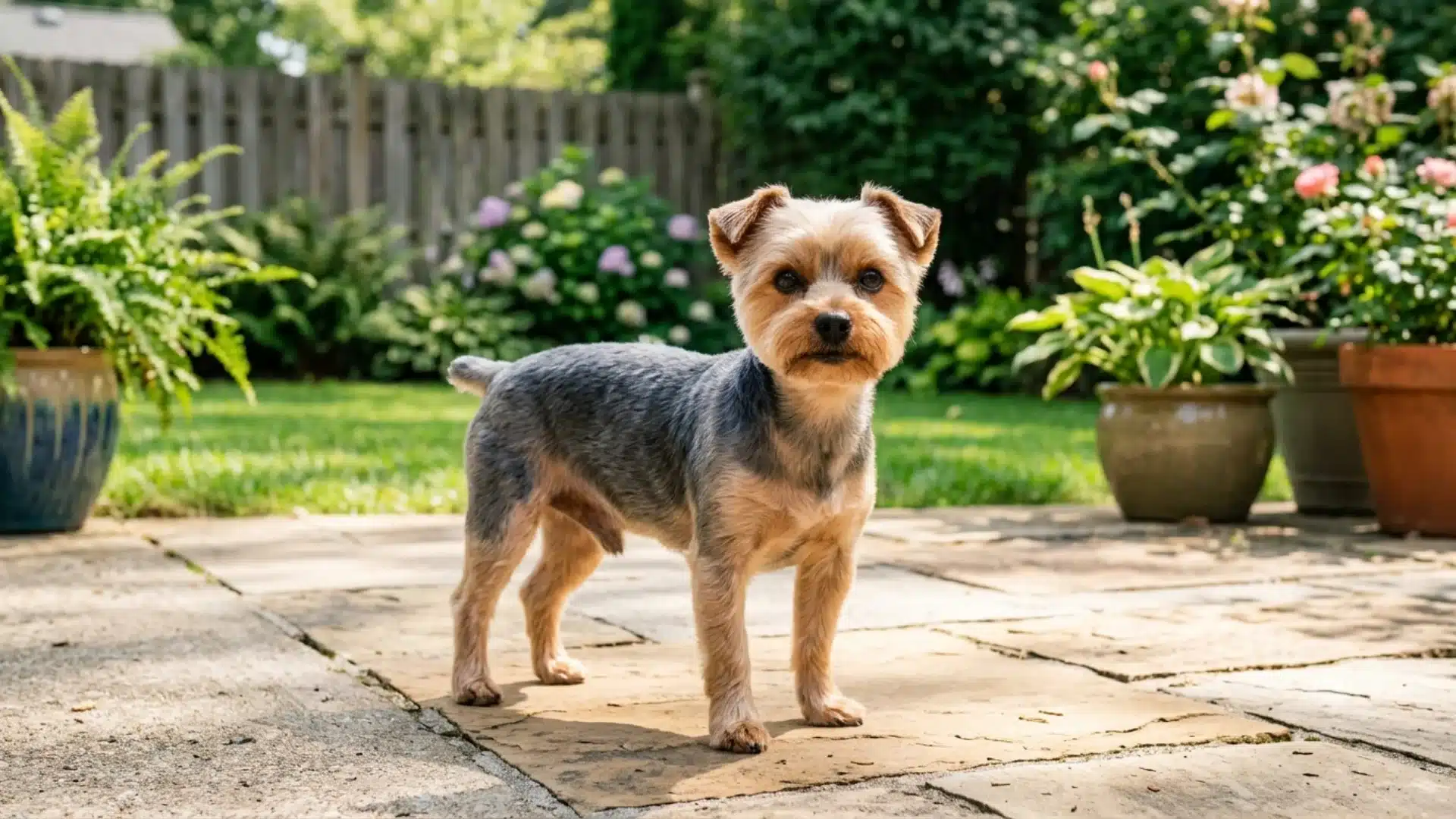 Yorkie with a short summer cut standing outdoors