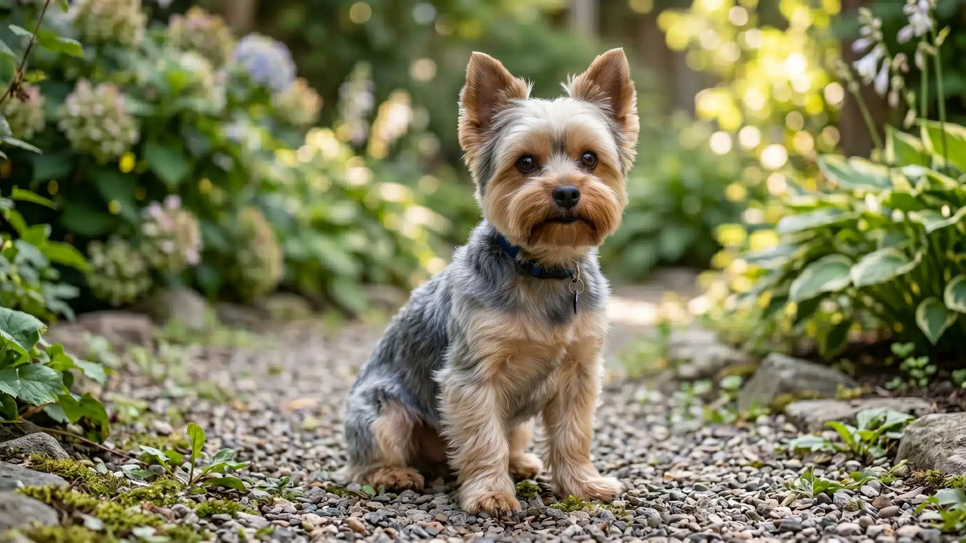 Yorkie with a square face haircut sitting in a garden