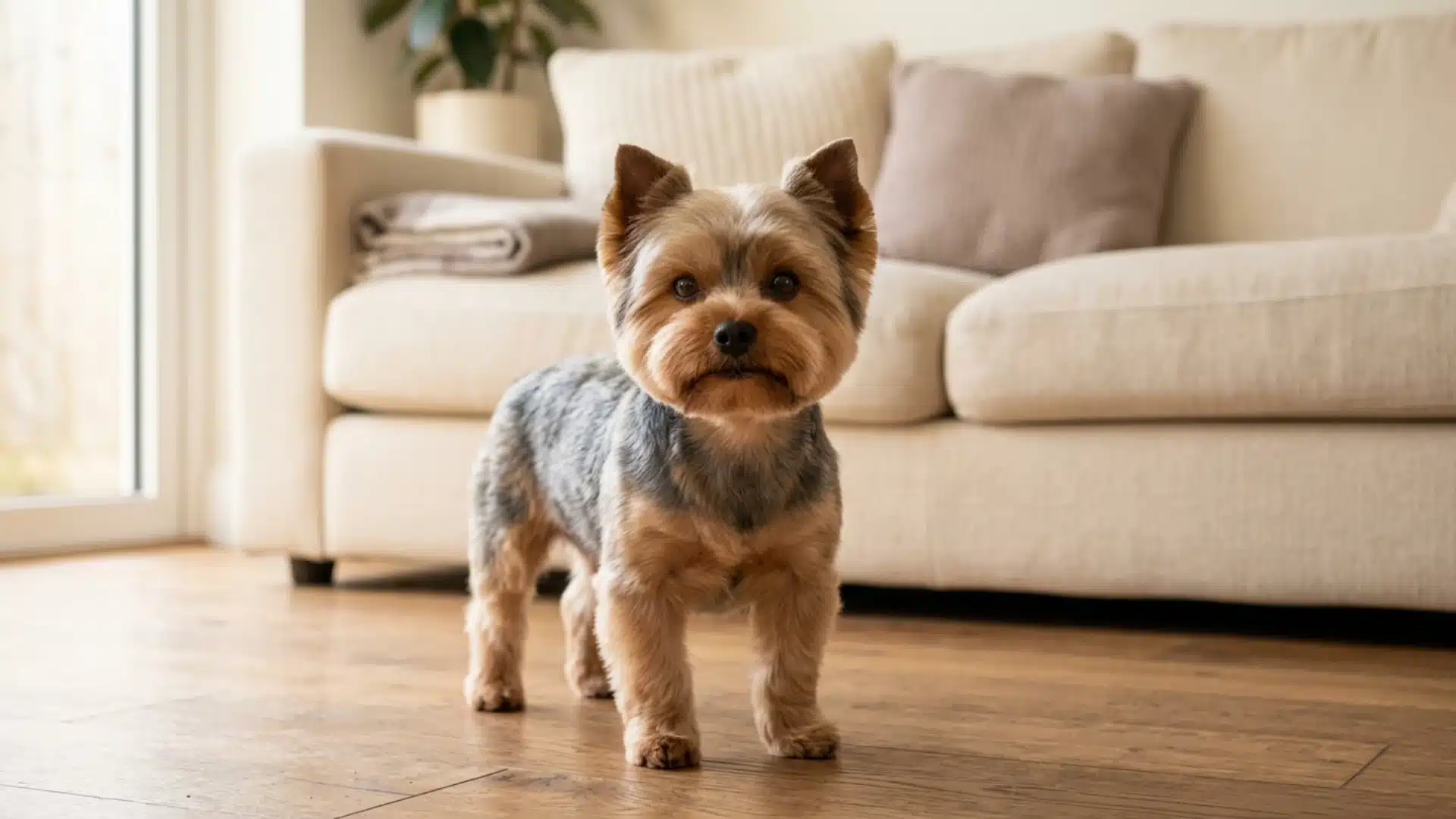 Yorkie with a teddy bear cut standing indoors
