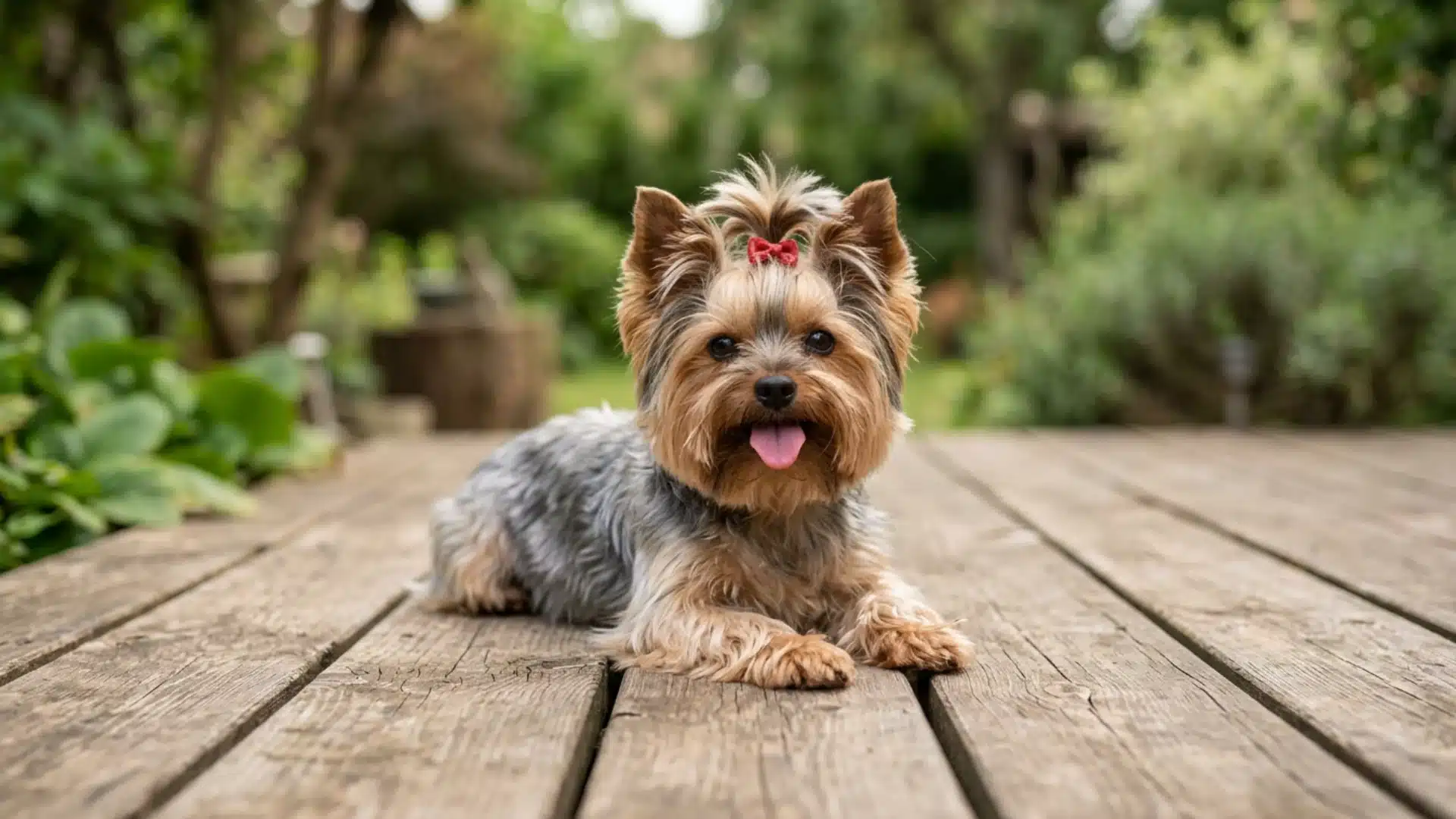 Yorkshire terrier lying on a wooden deck in a garden