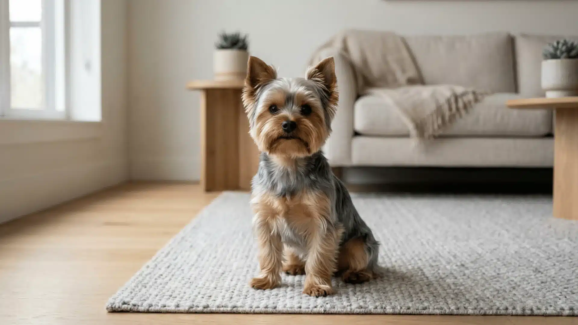 Yorkshire Terrier sitting on a wooden floor in a minimal apartment setting