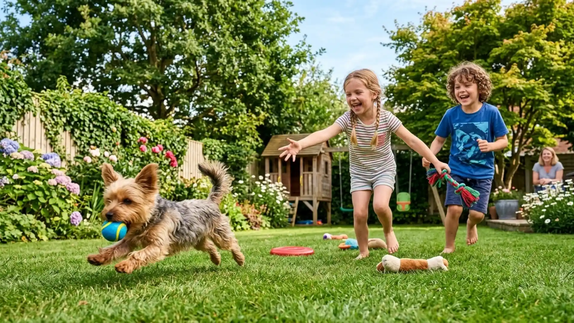 Yorkshire Terrier plays fetch with excited children on a sunny lawn surrounded by colorful flowers