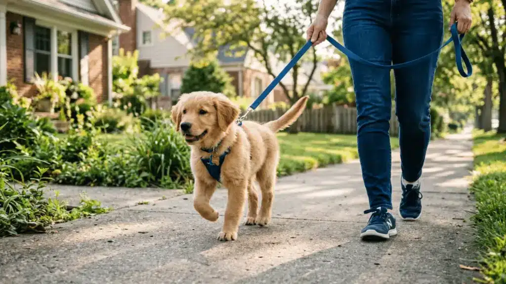 Young puppy on a leash taking a short walk beside its owner on a quiet street
