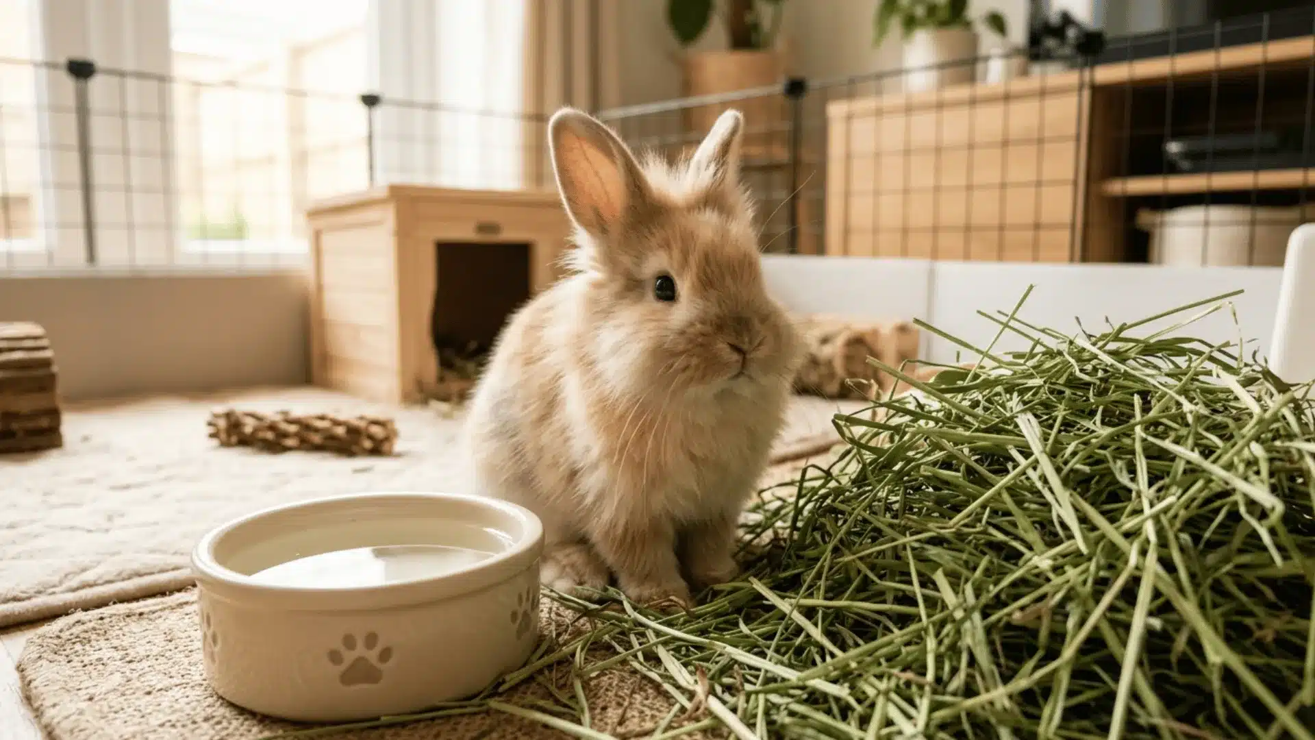 Young rabbit with fresh hay and water bowl showing healthy feeding setup at home