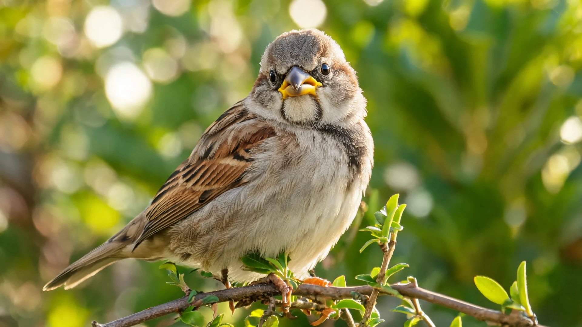 Young sparrow perched on a leafy branch