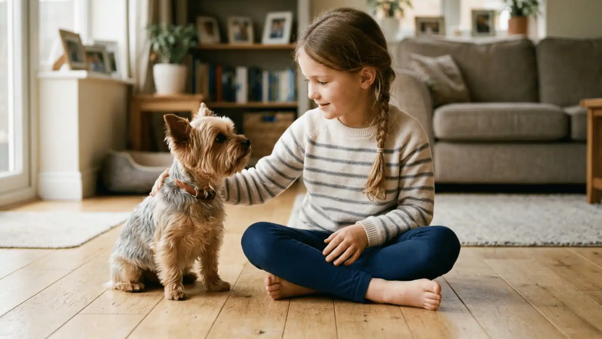 Young girl gently petting a Yorkie while sitting on the living room floor