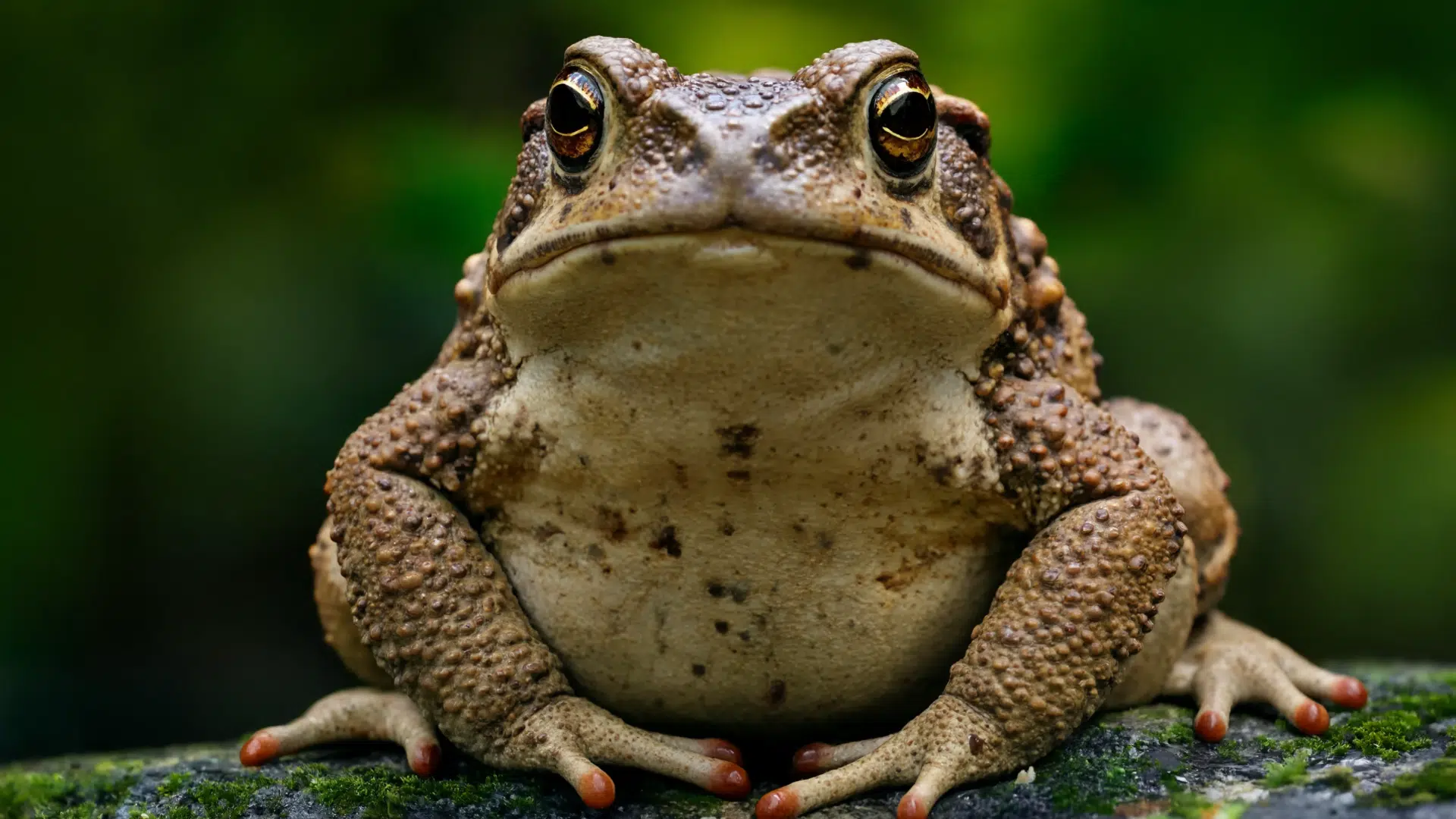A close-up, head-on portrait of a bumpy brown toad sitting on a mossy rock against a blurry green background