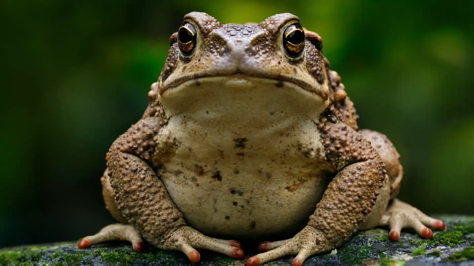 A close-up, head-on portrait of a bumpy brown toad sitting on a mossy rock against a blurry green background