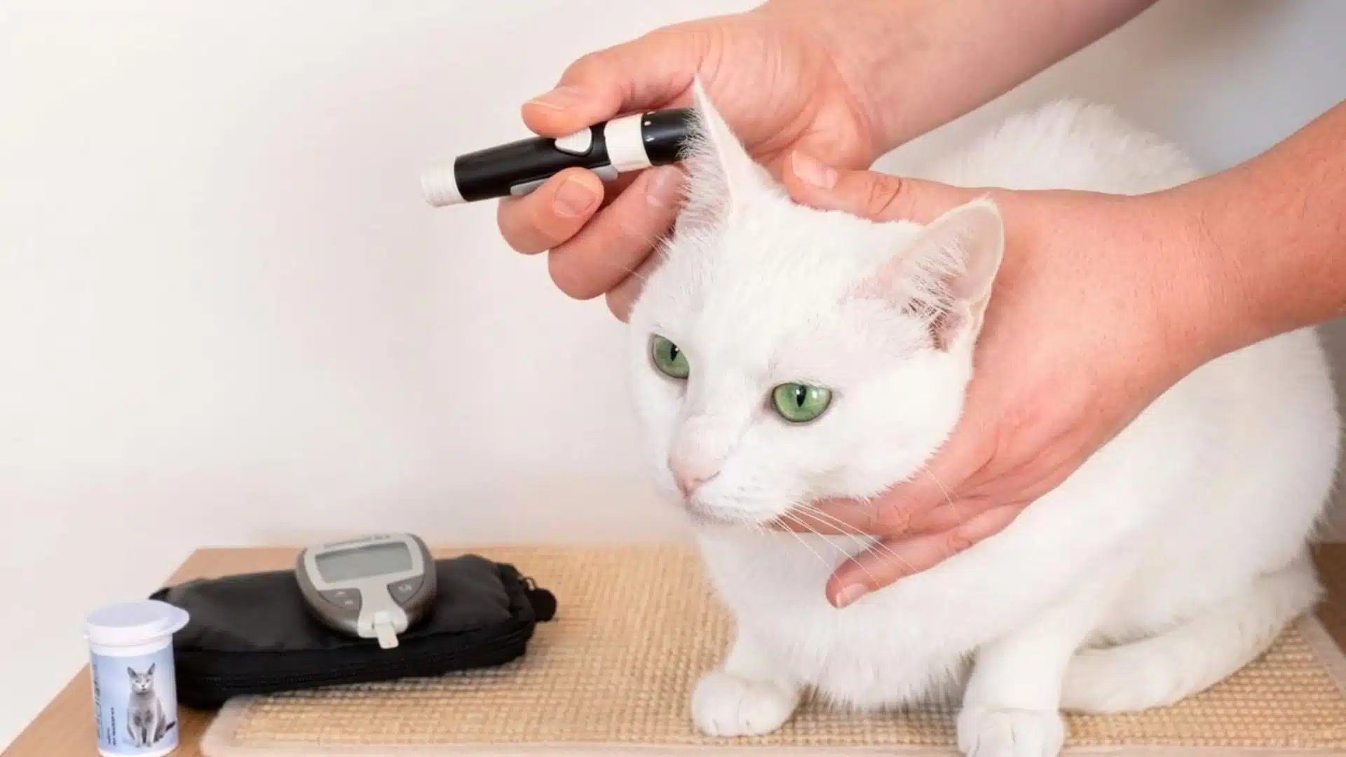 A close-up of a white cat with green eyes being held gently while its blood sugar or ear is checked