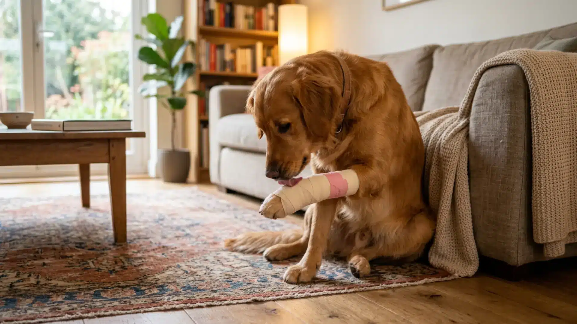 A dog licking its bandaged
