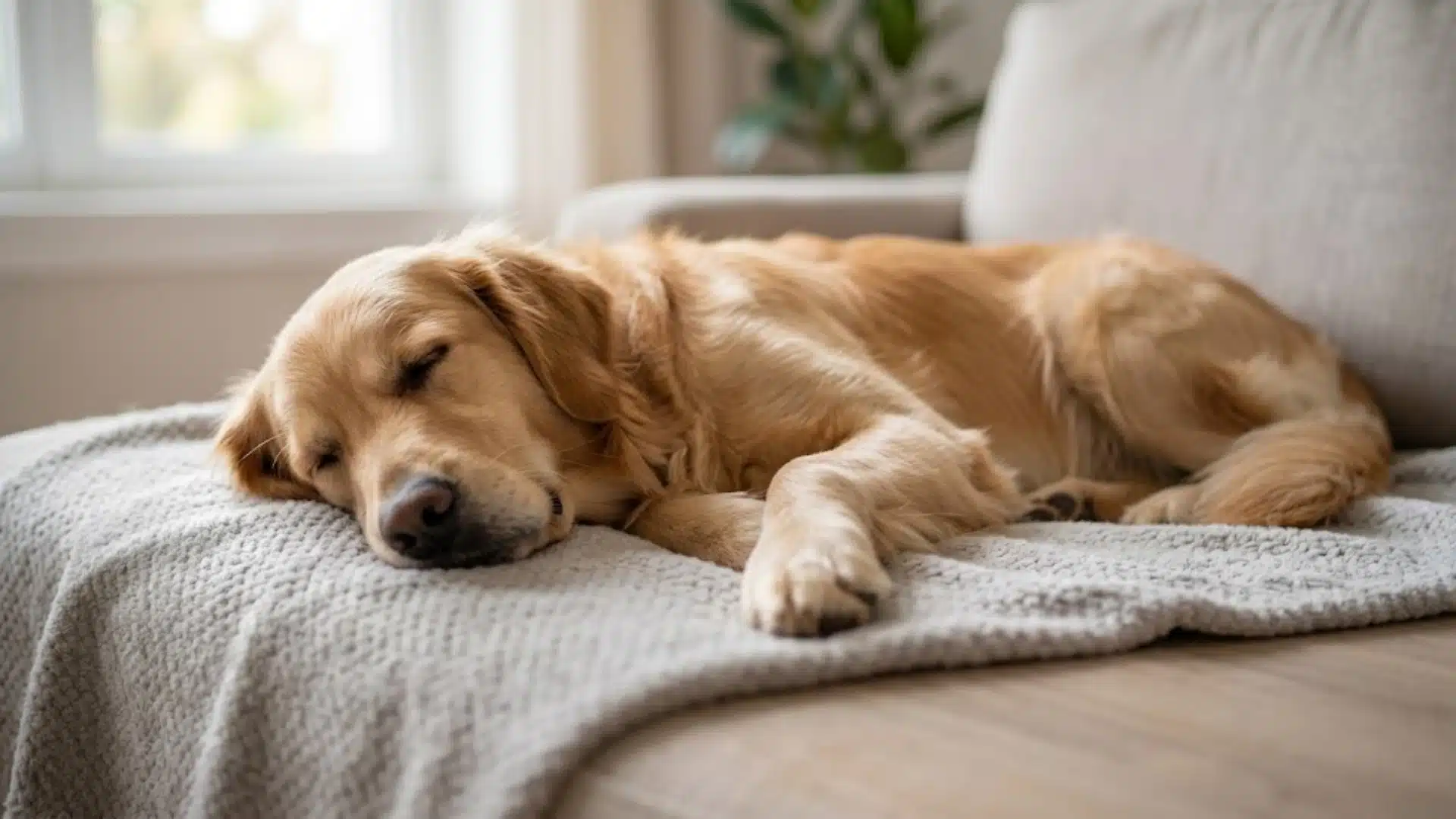 A Golden Retriever dog is sleeping peacefully on a grey blanket on a sofa in a sunlit living room