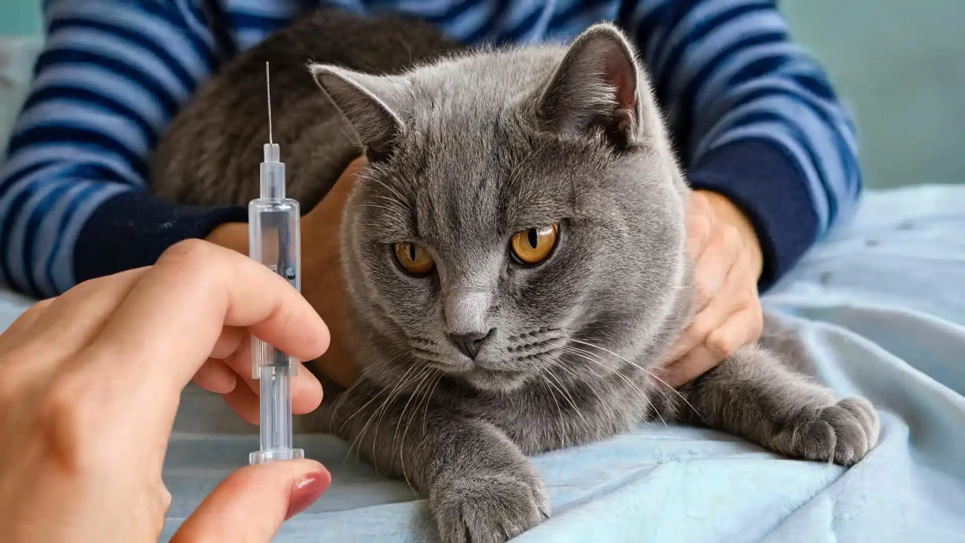 A gray British Shorthair cat looking nervously at a syringe held by a veterinarian