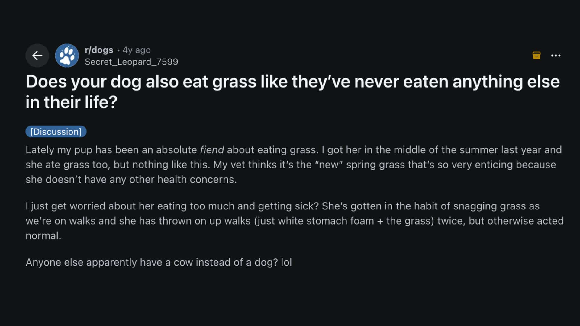 A screenshot of a Reddit post in rdogs asking if other dogs eat grass obsessively, comparing their pup to a cow