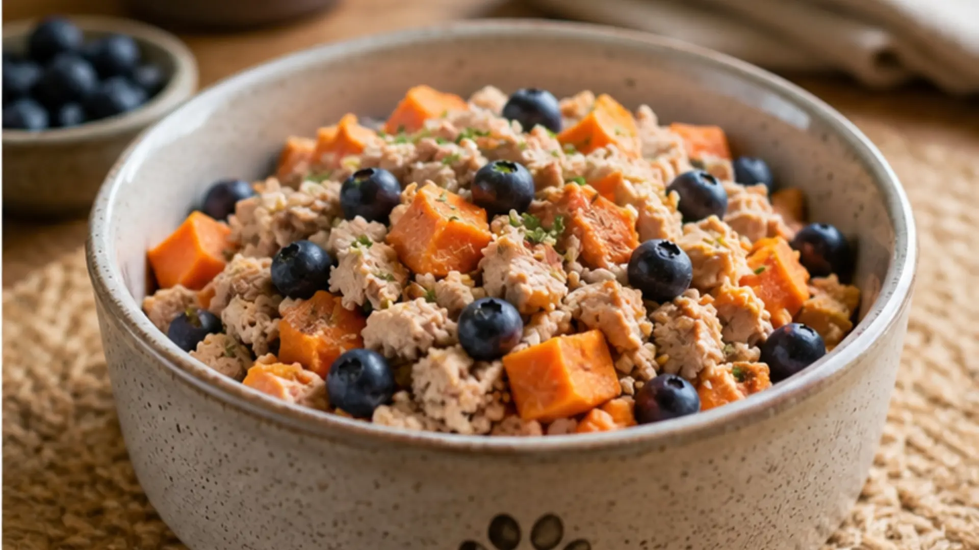 A speckled bowl filled with ground meat, diced sweet potato, blueberries, and herbs