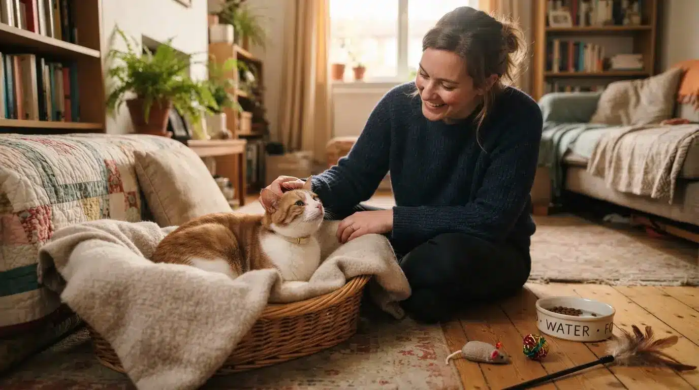 a woman owner smiling gently providing comfortable daily care for a cat with feline leukemia virus