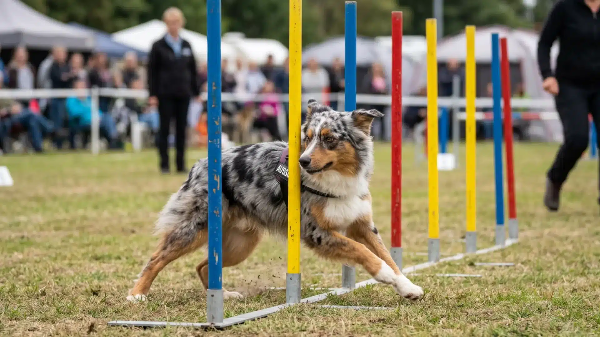 A blue merle Australian Shepherd runs through colorful weave poles during a dog agility competition on a grassy field