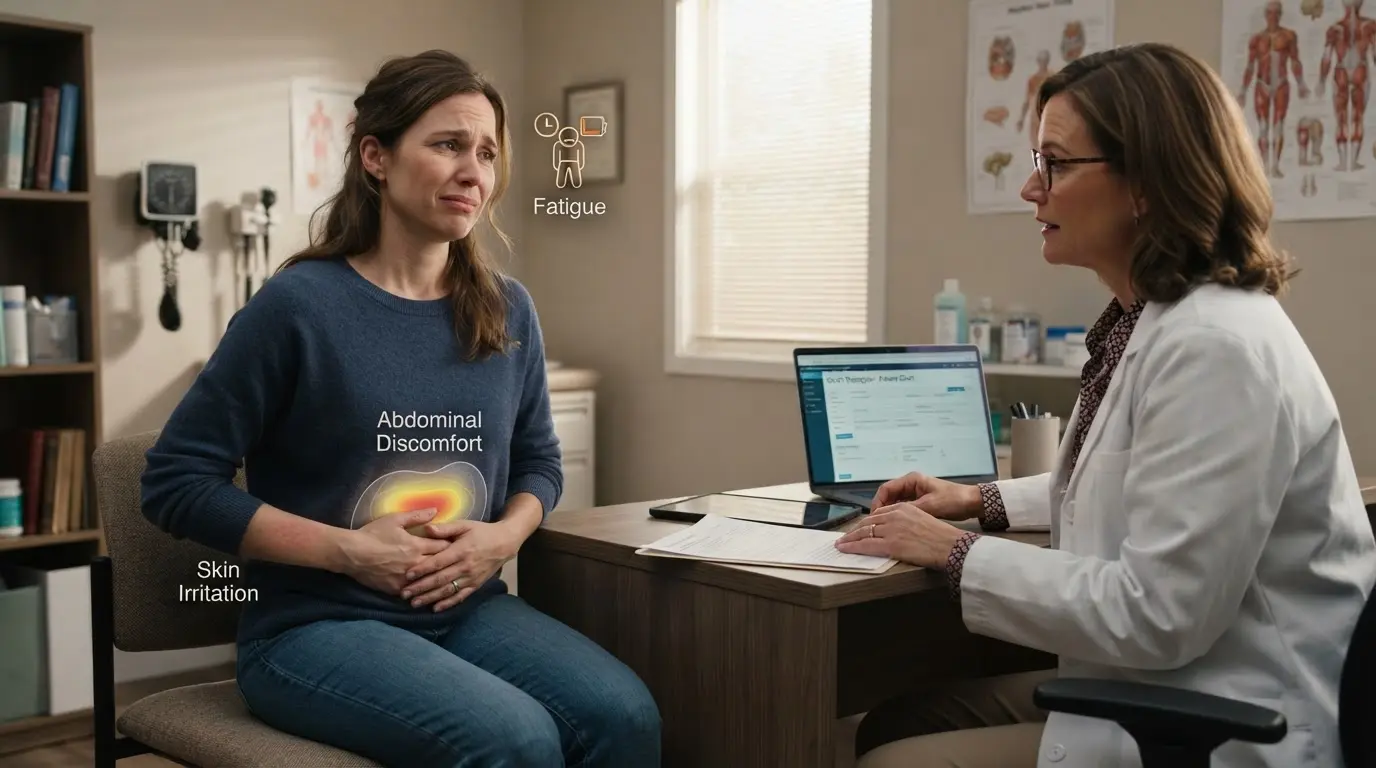 adult discussing stomach discomfort and skin irritation with doctor during realistic medical consultation indoors