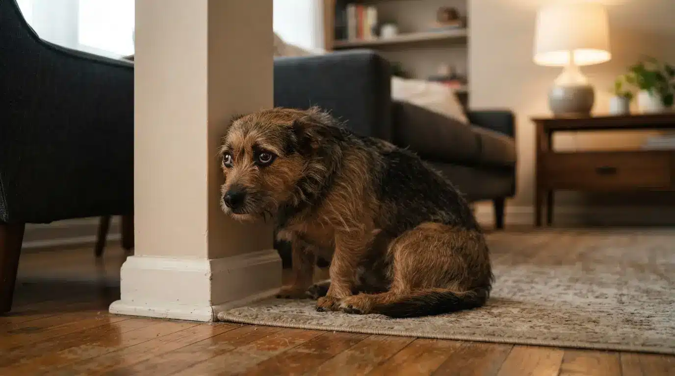 afraid dog showing stress signals through posture ears and facial expression