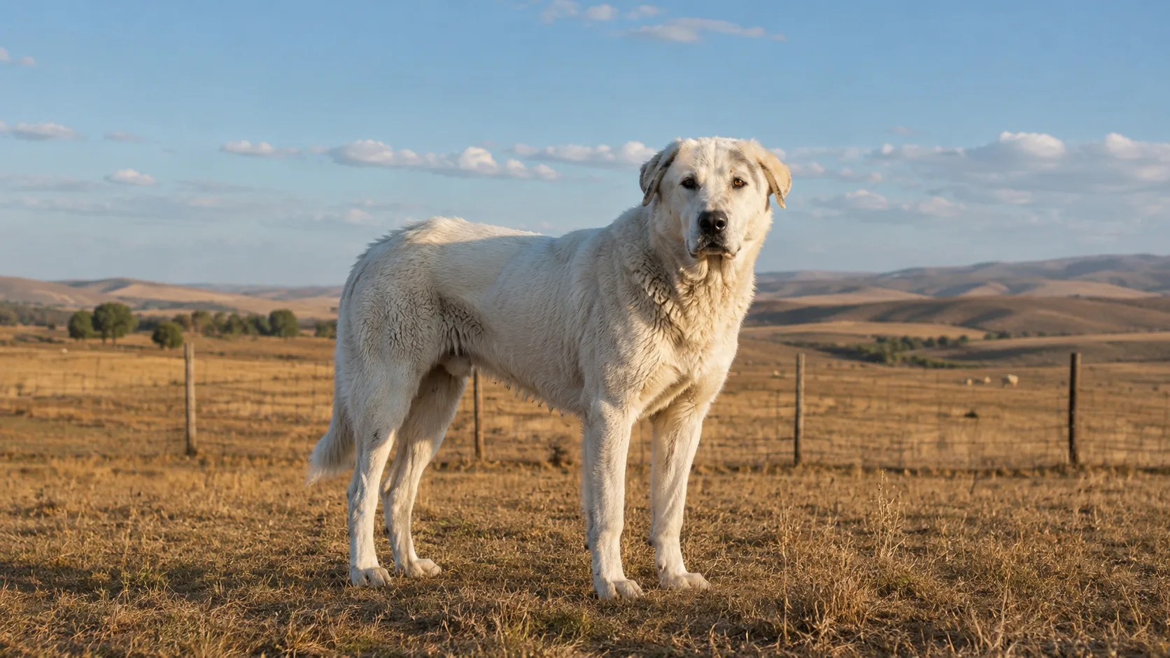 akbash dog standing alert in open pasture under warm sunlight