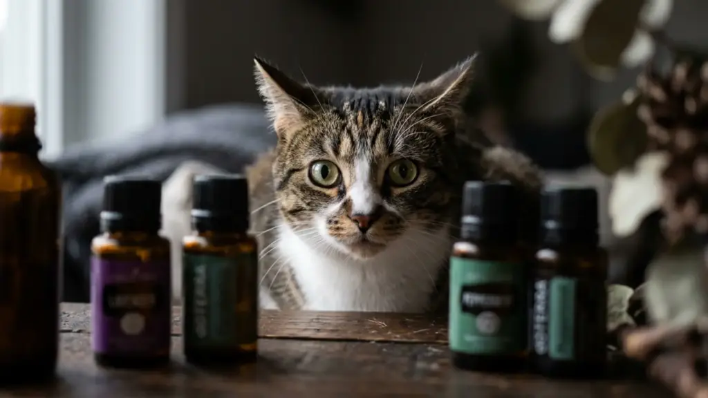 Alert cat with essential oil bottles.