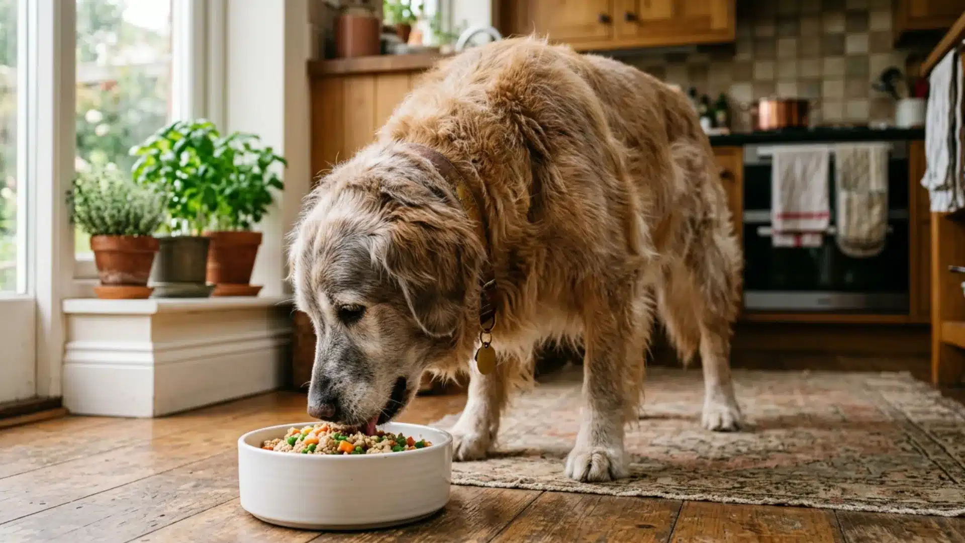 An older Golden Retriever eating fresh dog food from a white bowl in a kitchen