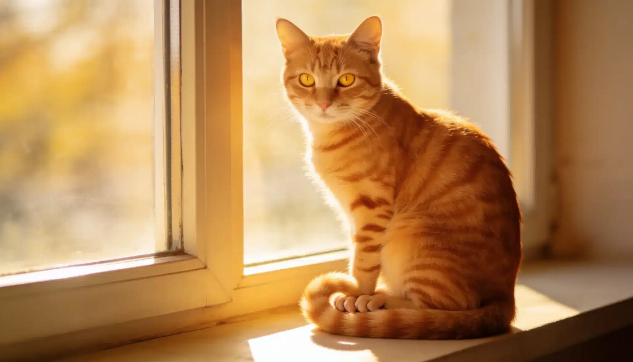 an orange tabby cat sitting next to a window