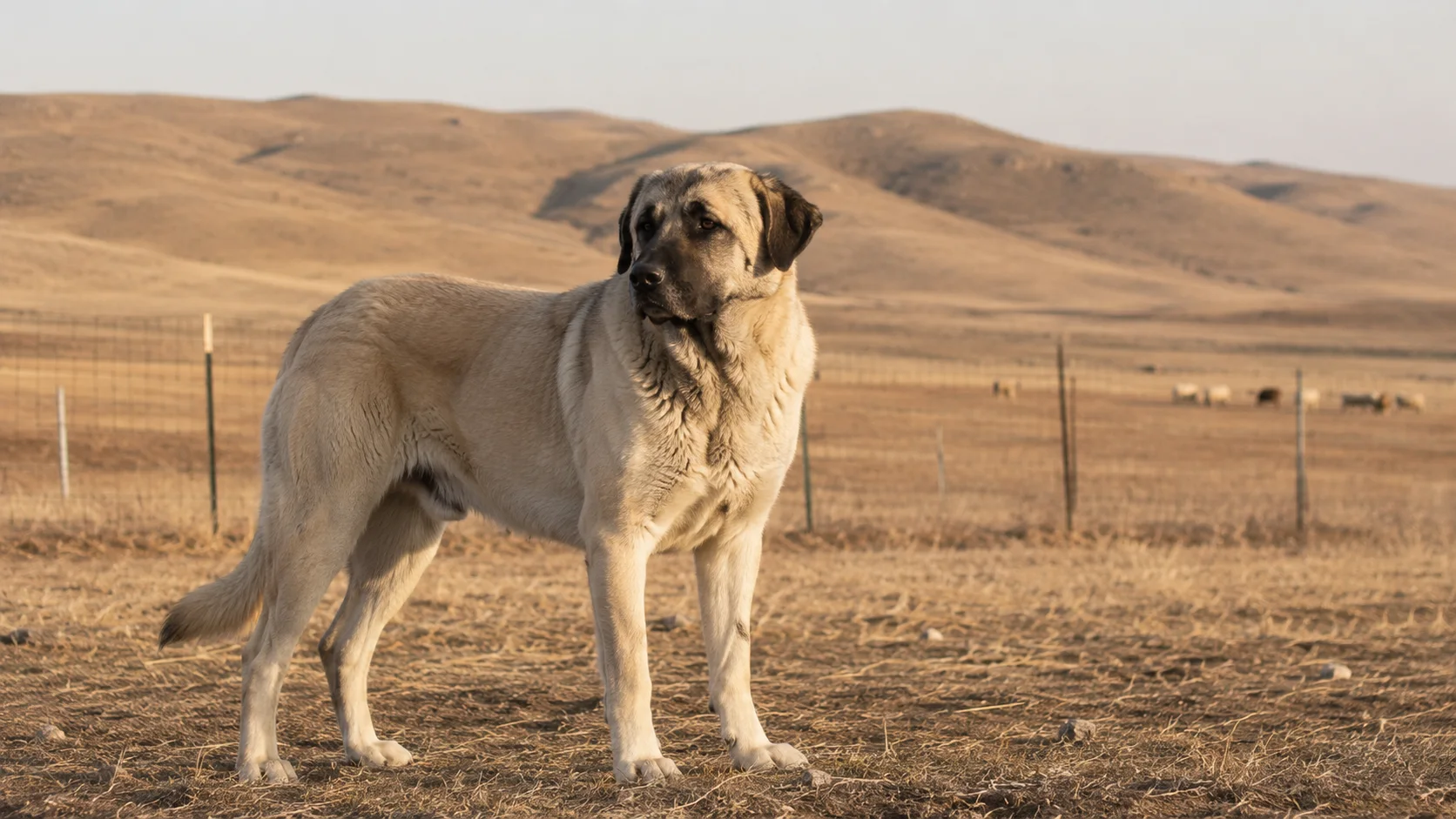 anatolian shepherd standing watch on dry farmland with open hills behind