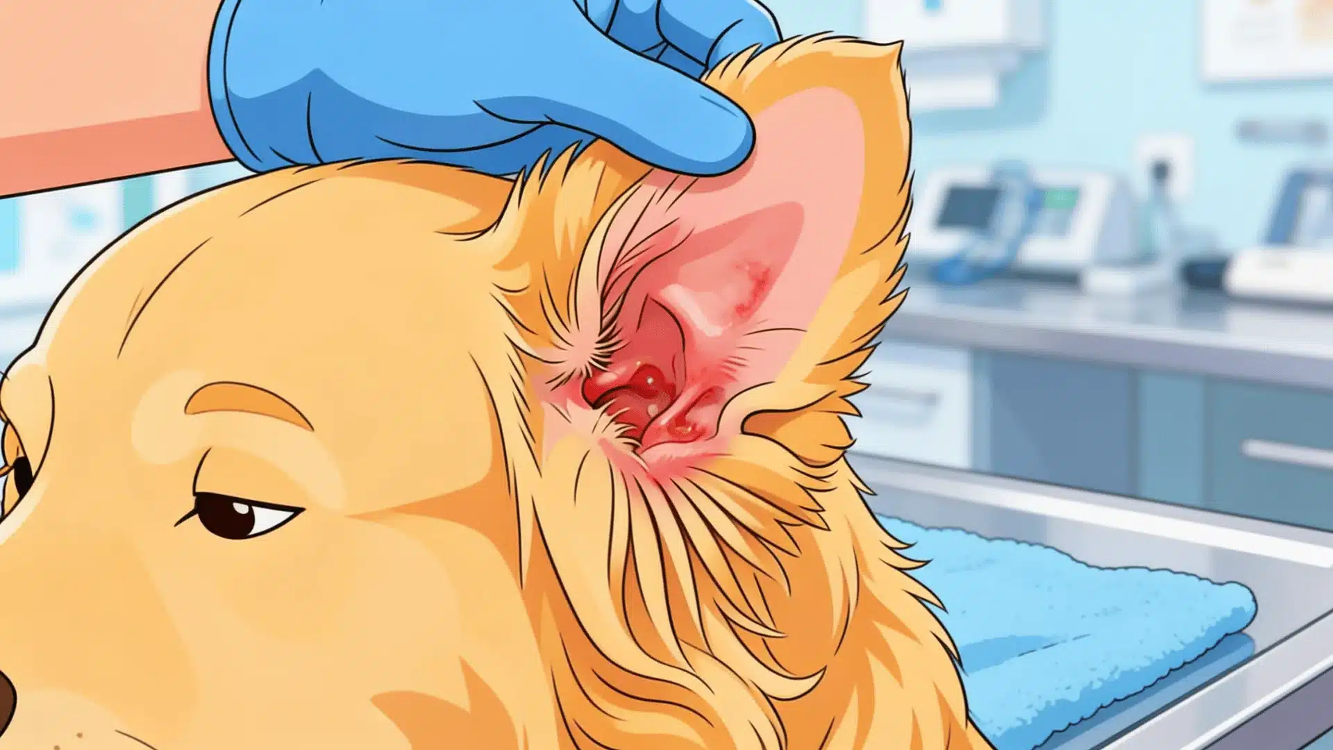 Animated-style vet examining dog’s ear showing mild infection and redness in a clinic setting