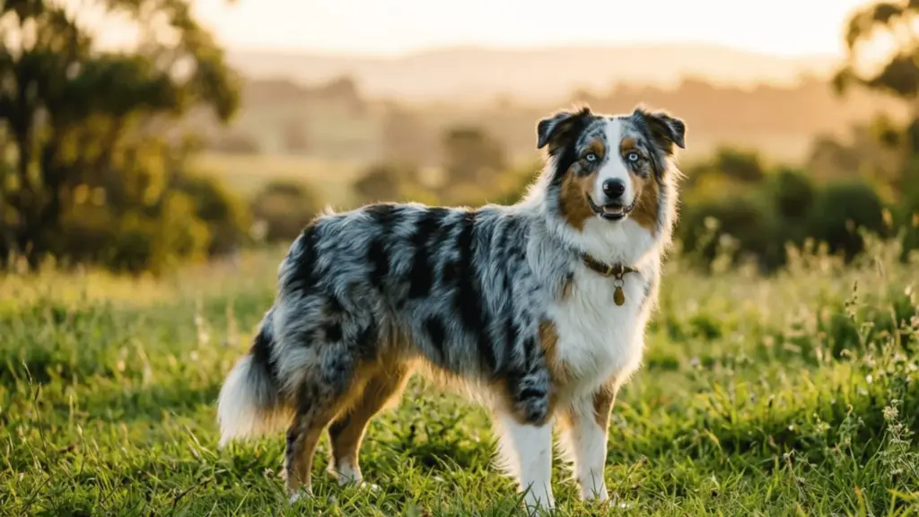 Australian Shepherd standing in a grassy field at sunset