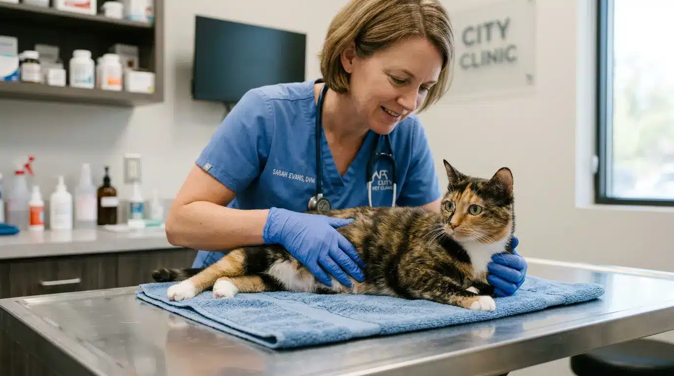 A vet examininng a female cat for Spaying