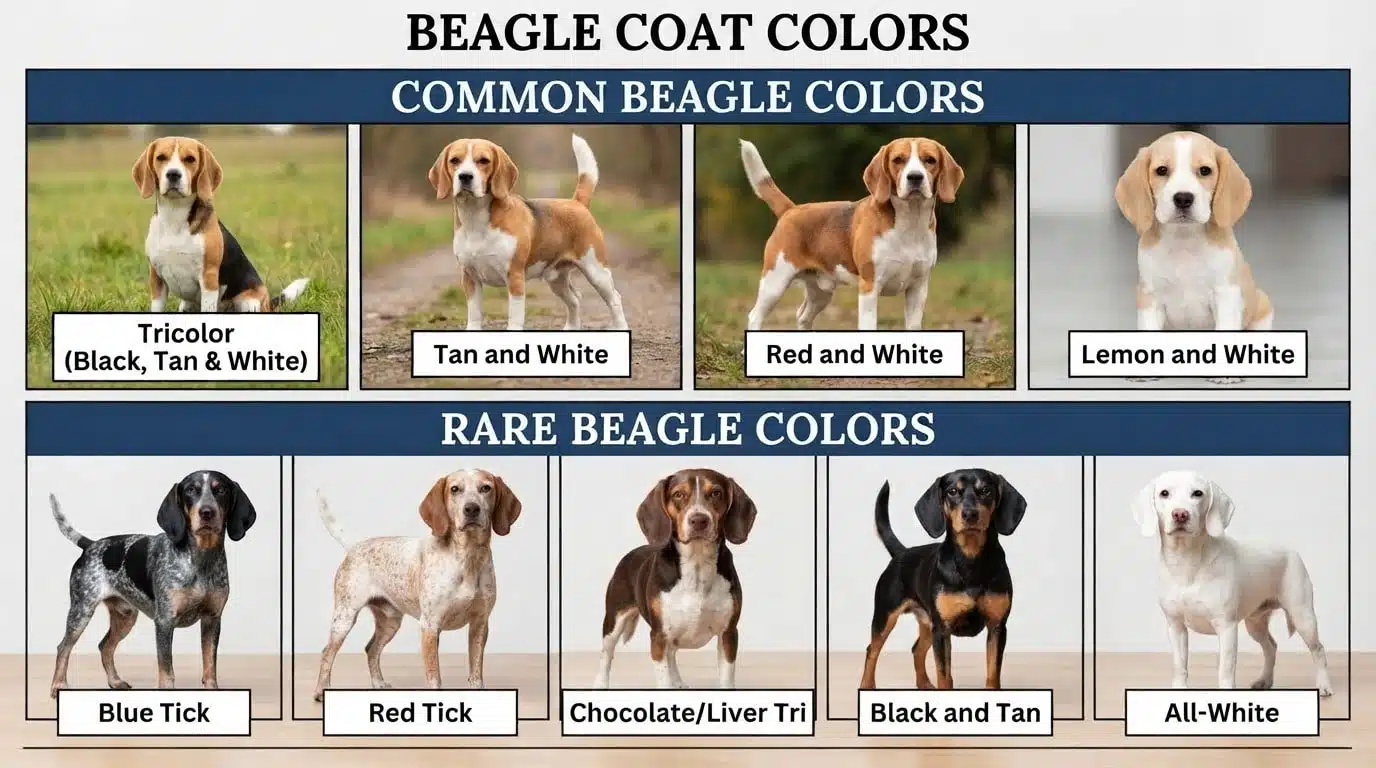 beagle coat colors chart showing common and rare beagle color patterns