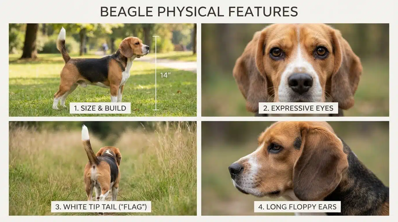 beagle physical features showing size build eyes tail and floppy ears