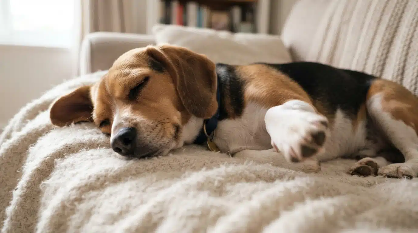 beagle sleeping with twitching paws and gentle movements during a normal dream