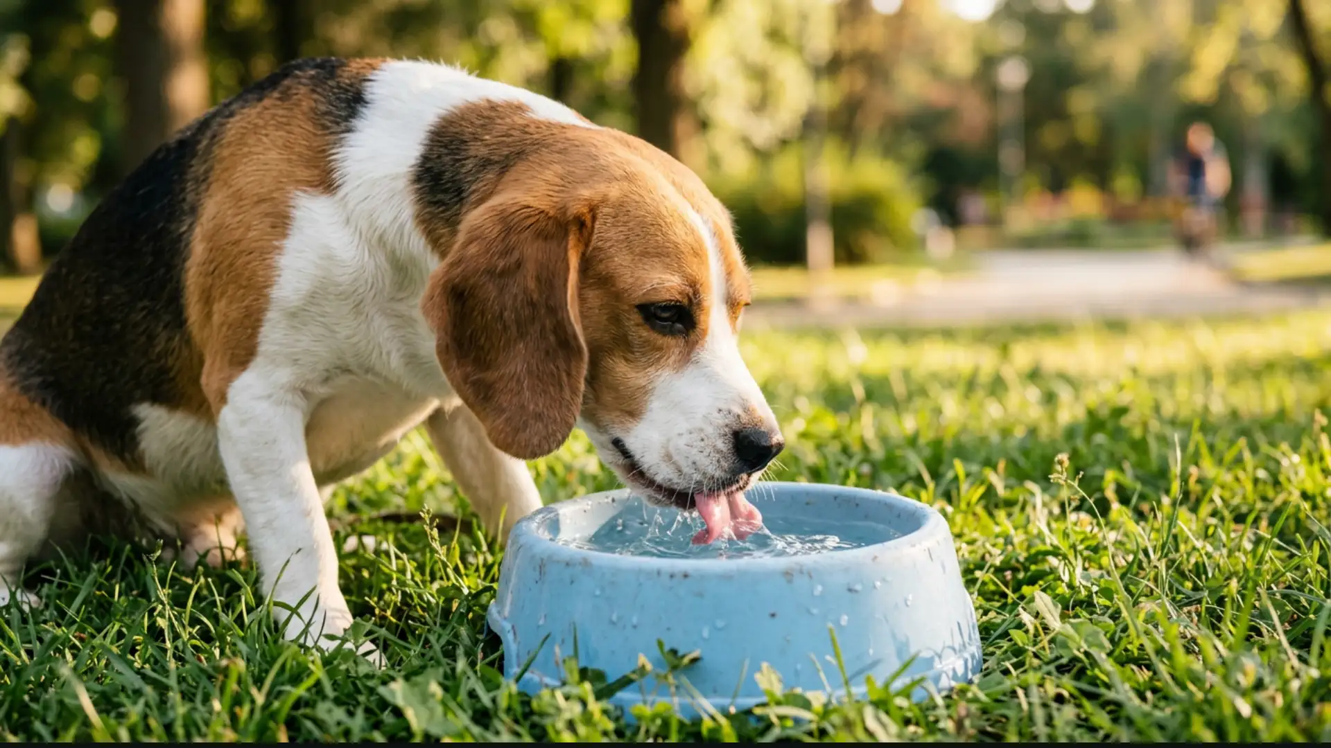 Beagle drinking water from a blue plastic bowl on grass in a sunny park with natural outdoor lighting
