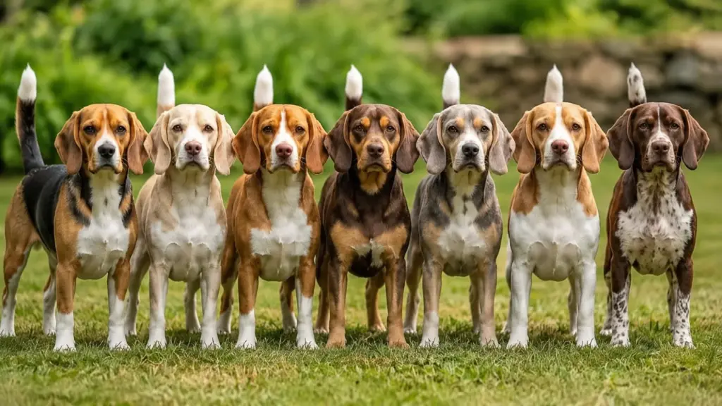 beagles displaying various coat colors standing together outdoors on grass in a natural garden setting