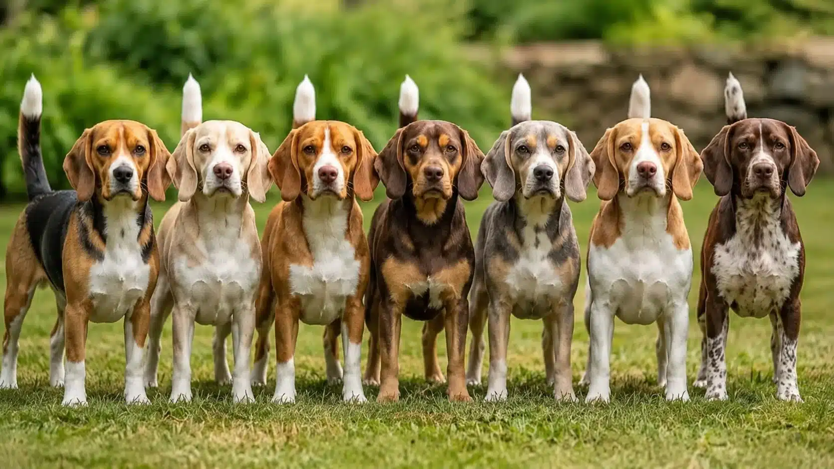 beagles displaying various coat colors standing together outdoors on grass in a natural garden setting