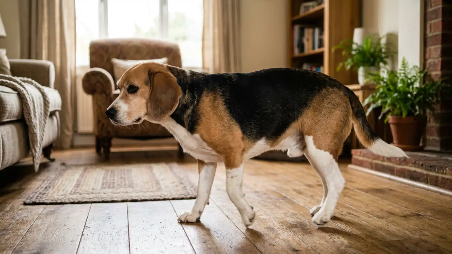 Beagle showing mild wobbliness, a common early phenobarbital side effect in dogs