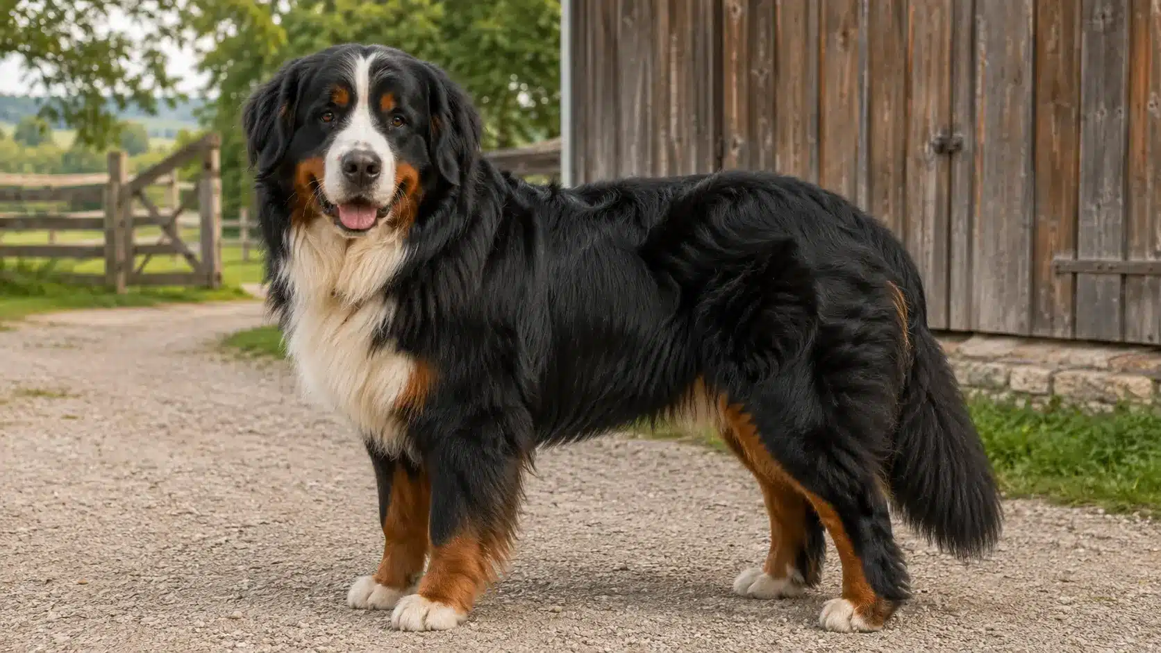 bernese mountain dog standing calmly in a tidy family farm yard