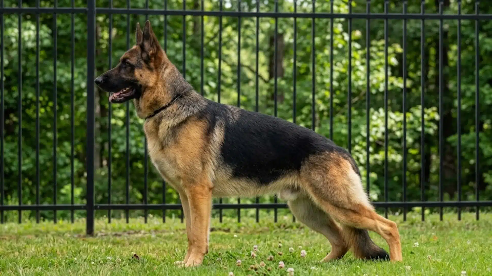 Black and tan German Shepherd standing on grass in front of a metal fence with green trees behind