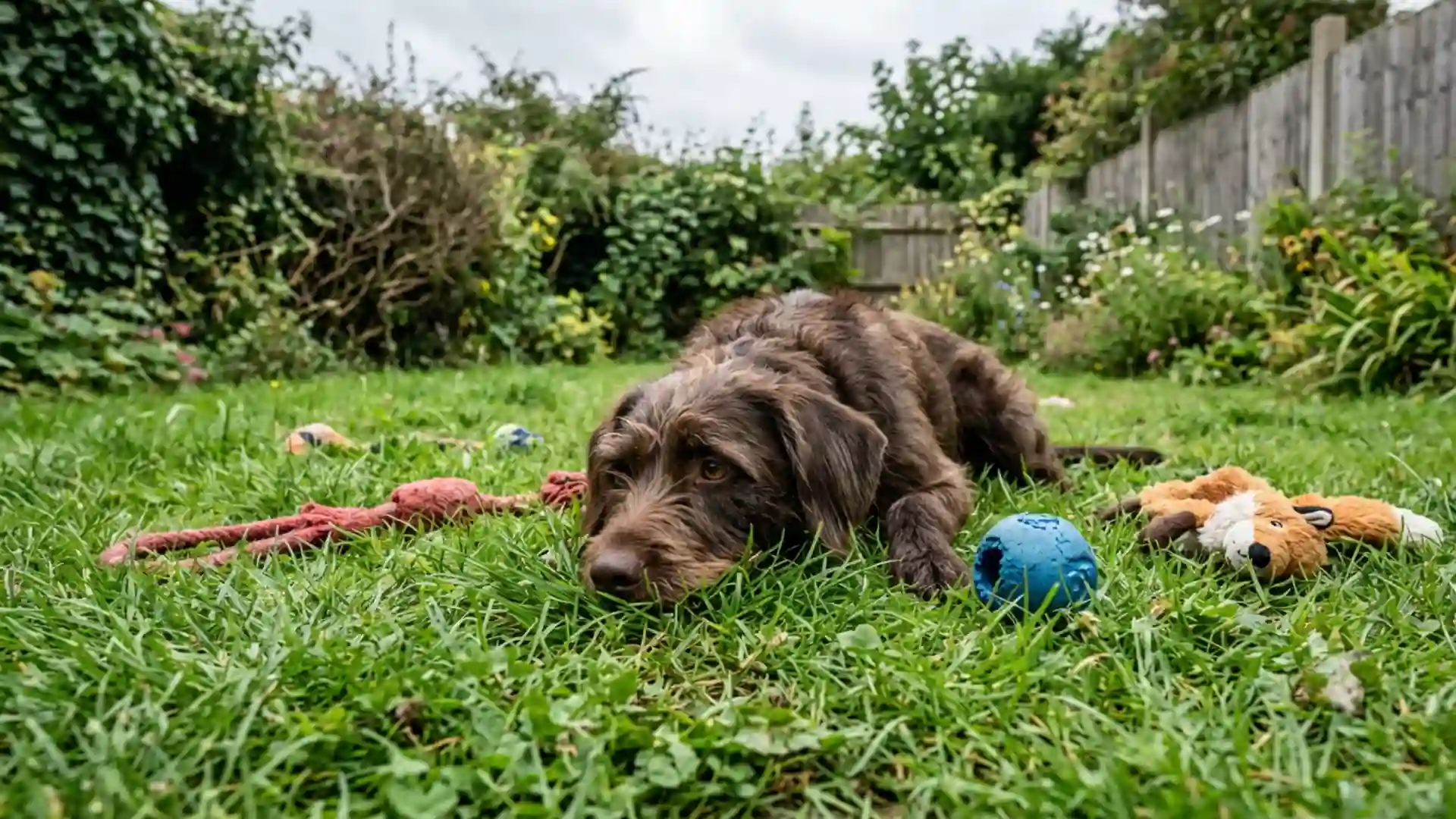 Bored dog lying on grass with untouched toys showing lack of mental stimulation